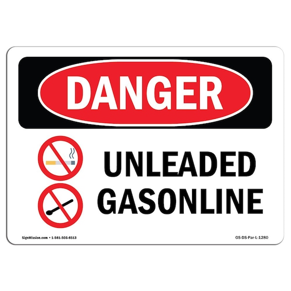 Safety Sign, OSHA Danger, 3.5" Height, Unleaded Gasoline, Landscape, DS-D-35-L-1280-10PK